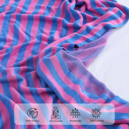 BOV Cooling Knit Throw Blanket 50x60, 100% Viscose, Blue Pink Stripe - color: Fuchsia & Azure