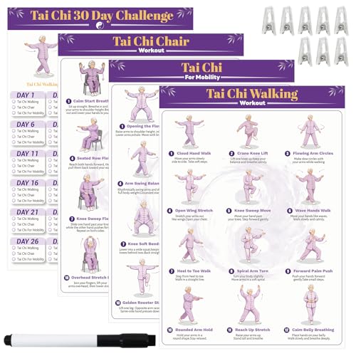 Tai Chi Workout Chart Poster Set for Seniors&Beginners,Purple,11.8X8.3inch | Tai Chi Chair Walking Mobility Poster, with 30-Day Challenge,8 Clips&1 Dry-Erase Marker, for Living Room Bedroom Home Gym - color: Purple, size: 8.27X11.8inch
