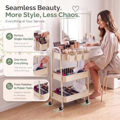Beige 3 Tier Rolling Cart Metal with Wheels,Tan Three Tiered Bedside Carts | Utility Storage Organizer Trolley on Wheels for Art, Craft, Diaper Caddy,Nursing,Postpartum,Baby Essentials,Bathroom Supplies - color: Light Beige