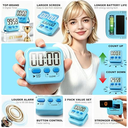 Antonki 2 Pack Digital Timer for Kids Classroom Kitchen Timers for Cooking | w/ Battery, Easy to View, Alarm, Mute Mode, Count Down/Up, Magnetic, Kickstand, Hanging, Classroom Timer for Teacher Supplies - color: Clear Blue