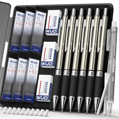 WUO 0.7 mm Mechanical Pencil Set with Eraser Pen Storage Case, 6 PCS | Metal Drafting Pencils, 360 HB Lead Refills, 3x4B Erasers, 12 Eraser Refills for School Artist Writing Drawing Sketching - color: Black 5 - 0.7mm (6 Pack)