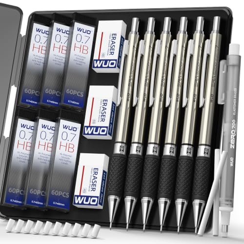 WUO 0.7 mm Mechanical Pencil Set with Eraser Pen Storage Case, 6 PCS | Metal Drafting Pencils, 360 HB Lead Refills, 3x4B Erasers, 12 Eraser Refills for School Artist Writing Drawing Sketching - color: Black 5 - 0.7mm (6 Pack)