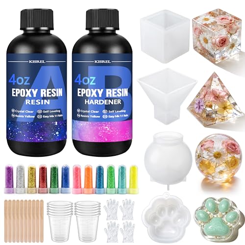KISREL Epoxy Resin Kit 8OZ with Molds, 12 Glitter & Tools for Beginners | Complete starter kit with molds, 12 glitters & tools,Crystal clear, bubble-free ,Perfect for keychains, coasters & DIY crafts - size: 8oz Resin Kit