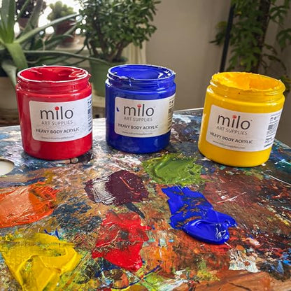 milo Heavy Body Acrylic Paint Set, 8 Primary Colors, 8 oz Jars, Semi-Gloss | Safe, Non-Toxic, Made in the USA, Arts & Crafts Paints for Artists, Student & Hobby Painters, Paint Pack, Classroom, Bulk - style: Heavy Body Set 8 x 8 oz