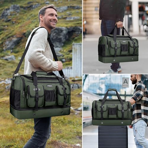 WITZMAN Duffle Bag for Men 55L Nylon Travel Weekender with Shoe Compartment - color: Classic Green