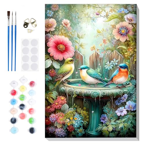 Bowetile Framed Paint by Numbers Bird Kit for Adults, Adults' Paint-by-Number Kits on Canvas, Painting by Numbers Flower, Acrylic Fountain Number Painting Gifts for Home Wall Decor, 8x12in - color: Bird, Flower, Fountain