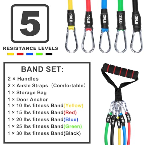 Resistance Bands Set (12pcs), Workout Bands with Handles, Door Anchor, Ankle Straps and Carry Bag, Exercise Bands for Shape Body and Home Workouts