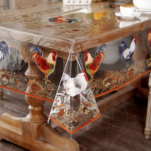 Clear Table Cover Protector Rooster Vinyl Table Cloth, 60"x84" | Dining Room, Kitchen Meals, Tabletop Protection, Easy Cleanup, Brunch, Parties, Holiday Gatherings, Everyday Use - color: Roosters, size: 60" x 84" (Rectangular)