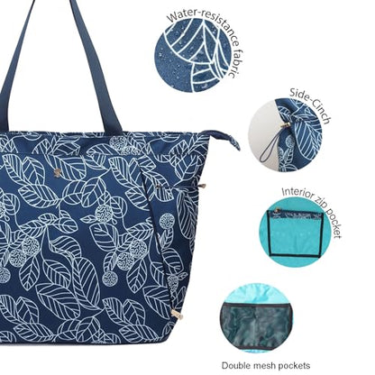 ESVAN Yoga Tote Bag for Women Drawstring Canvas Shoulder Bags for Workout Travel Carryall Pilates Gym and Beach - color: Navy Leaf