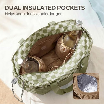 Omanmoli Beach Bag for Women Large Waterproof Sandproof Tote 40oz Holder | Anti-theft Lock & Chain,12 Pockets,2 Insulated Foil Pockets,Checkered,Cruise Travel Vacation Picnic Pool Work Gym,Checkered - color: Beige&green