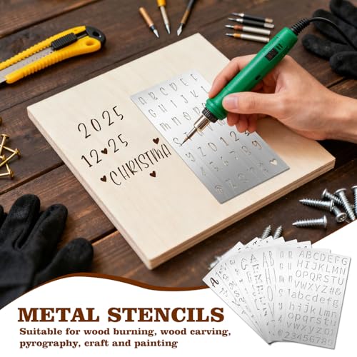 Eageus 8 Pcs Metal Letter Stencils Wood Burning Stencil Lettering Stencils, Small Reusable Alphabet Painting Template for Carving Drawing Engraving Journal Pyrography Craft(Letter Style) - style: Letter Style