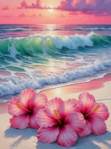 BYGFHLYW 5D Diamond Art Kits for Adults, Beach Flower Diamond Painting Kits | Full Drill Round Paint by Diamonds Dot Gem Art for Home Wall Decor 12x16inch - color: KM602-1