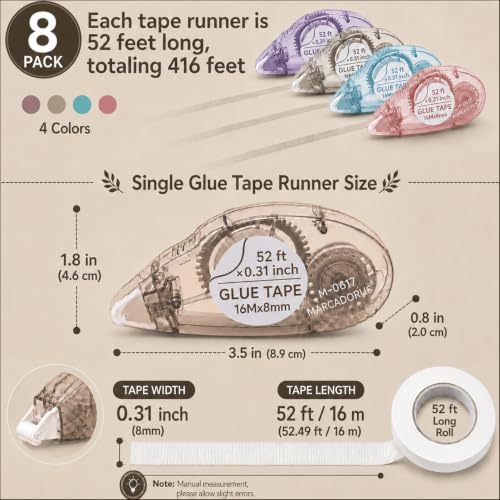 MARCADORUS Double Sided Tape Roller, Scrapbook Tape Runner Extra Long 52Ft | 52Ft x 0.31In Per Roller, 416Ft Total, Permanent, Acid-Free, Adhesive Photo Tape for Scrapbooking, Journaling & Paper Crafts - size: 52.5 Ft x 0.31 In : 8 Pack