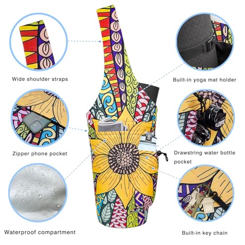 Yoga Mat Bag - Large Opening Long Tote Yoga Mat Carrier Holder Bag with Waterproof Wet Zipper Pocket and Drawstring Water Bottle Pocket - Yoga Bag Fit Most Size Mats - color: Sunflower