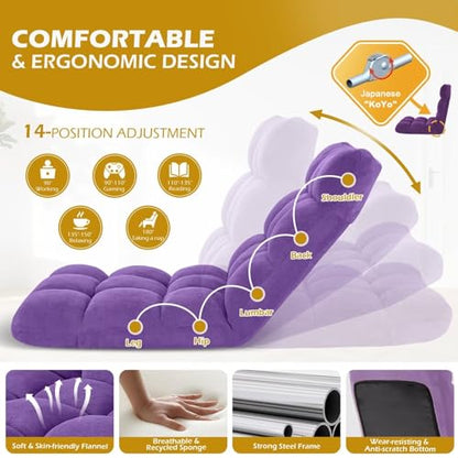 Folding Floor Gaming Chair, Adjustable 14-Position Backrest, 6-Inch Thick Flannel and Skin-Friendly Cotton Sponge, Breathable, Ideal for Gaming, Meditating, Sleeping, Purple - color: Purple