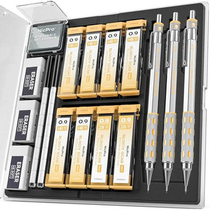 Nicpro Blocky Gear 0.9 mm Mechanical Pencils Set in Case, 3 Pack | Metal Pencil 8 Tube with Lead Refills 0.9mm (HB 2B), 3 Erasers for Professional & Adult Art Writing Drafting Drawing - style: 0.9mm