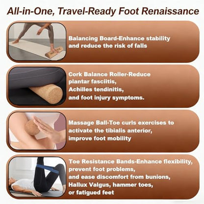 Balance Board, Premium Cork 4-in-1 Foot & Ankle Strengthener Kit, Balance Trainer with Massage Roller & Ball, Resistance Bands for Enhance Mobility, Improve Foot Function, Prevent Falls