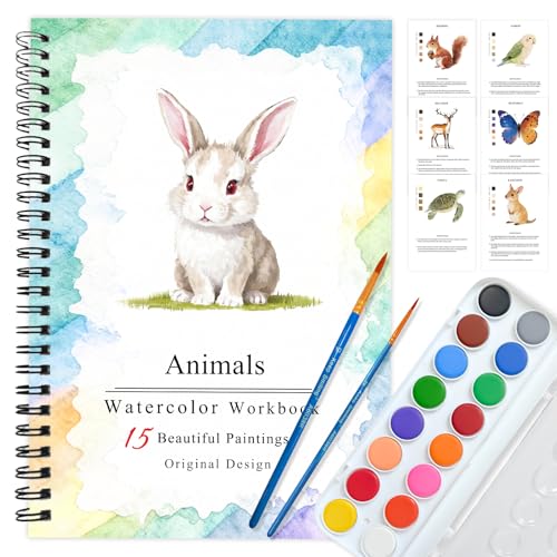 SLWBZ Watercolor Workbooks Coloring Book, Beginner Friendly Painting Kit, Easy Exquisite with Steps, Creative Exploration Watercolor Book with Paint Set for Adults Teens (Cute Rabbit, with Paint) - color: Cute Rabbit, size: With paint