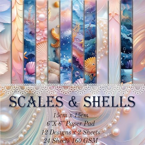 6x6" Scrapbooking Paper Pad Single Sided Decorative Colored Papers | 160GSM 12 Patterned 24 Sheets Cardstock,Art Paper for Craft Paper Present Wrapping DIY Junk Journal Supplies.Scales Shells - color: 160GSM-Scales Shells
