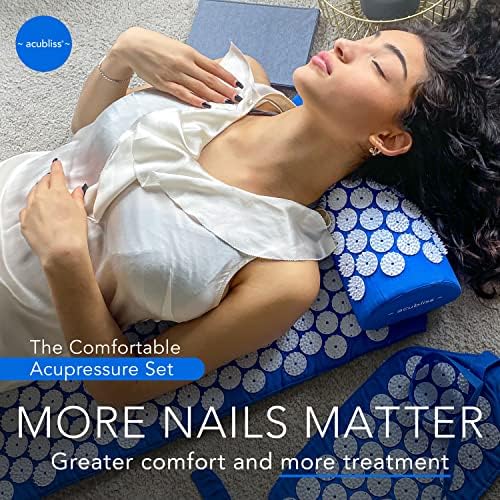 Premium Acupressure Mat, Strap & Pillow 3 piece Gift Set, 12,348 Acupuncture Pressure Points for Back Pain Relief, Increased Energy, Relaxation, Drawstring Bag, Deep Blue - color: Blue - 3 Piece Set