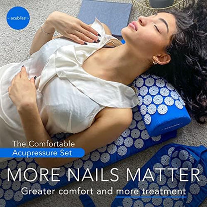 Premium Acupressure Mat, Strap & Pillow 3 piece Gift Set, 12,348 Acupuncture Pressure Points for Back Pain Relief, Increased Energy, Relaxation, Drawstring Bag, Deep Blue - color: Blue - 3 Piece Set