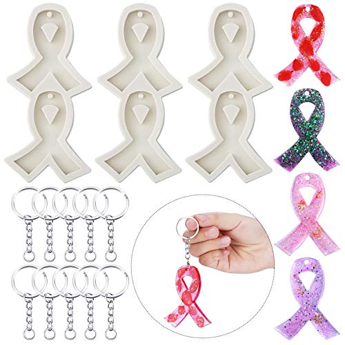 WILLBOND 6 Pcs Breast Cancer Awareness Ribbon Silicone Keychain Mold | Mold with Holes and 10 Pcs Key Rings for DIY Necklace Pendant Earrings Clay Craft Fondant Chocolate Candy