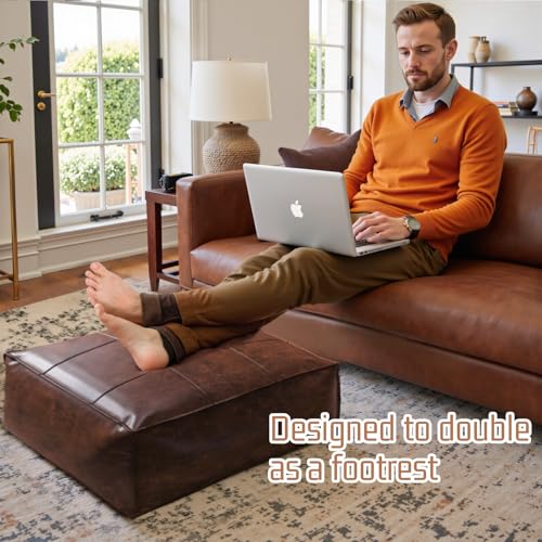 Vintage Leather Square Floor Cushion for Adults,Brown