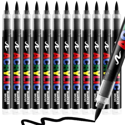 12 Black Paint Pen, Brush Tip Acrylic Paint Markers for Rock Painting, Wood, Glass, Ceramic, Canvas, Fabric, Stone, Decoration, DIY Crafts Kit Making, Art Supplies - color: 12 Black