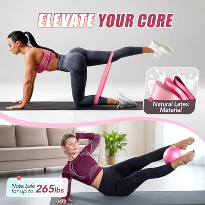 ALongSong Pilates Kit for Women, 13.7in Silicone Pilates Ring with 5 Resistance Bands, 1 Pilates Ball, 1 Pilates Block, 2 Core Sliders, Video Guide for Full Body Home Workouts