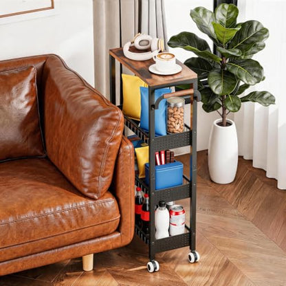 4 Tier Rolling Cart, Metal Utility Slim Storage Carts with Wheels, Small Mobile Shelf Unit Organizer Trolley with Handle and Wood Top, Rolling Cart for Laundry, Bathroom, Kitchen