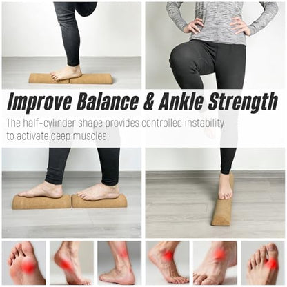 2026 NEW Balance Board Cork Half Roller Kit | Foot Balance Trainer & Ankle Strengthener for Stretch Massage Fascia Release | Cork Massage Ball Roller Resistance Bands | Portable Balance Training Set for Home Gym
