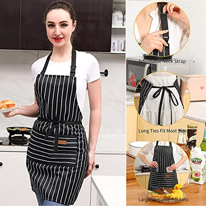 RUIBOLU Adjustable Bib Apron with 2 Pockets Cooking Kitchen Cotton Aprons for Women Men Chef Restaurant BBQ Painting - color: Black Stripes