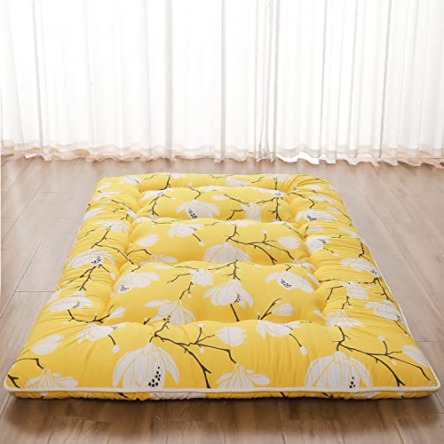 Zelladorra Japanese Floor Mattress, Futon Mattress - color: Yellow Flower ( 4"th + Dust Cover ）, size: Twin (80"L x 39"W)