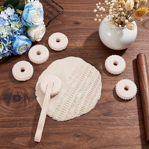 UNICRAFTALE 6Pcs Clay Texture Rollers Set with Interchangeable Rollers and Handle Antique White Polymer Tools Clay Stamp Roller for Pottery Ceramic DIY Crafts 2.15x0.55 Inch