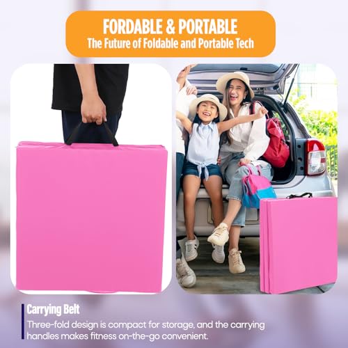 Gymnastics Mats Foldable Tumbling Mats Portable Gymnastics Exercise Mat Thick Gymnastics Tumbling Mats Pad Home Exercise Panel Mat With Carrying Handles - color: Pink, size: 6 ft W x 2 ft L