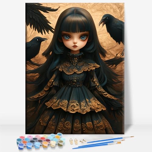 Aeontinity Doll of The Ravens Gothic Framed Canvas DIY Paint by Numbers Kit Bar Cafe Cave Home Room Wall Bathroom Porch Patio Decor Gift, 16 x 12 Inch - color: DOLL OF THE RAVENS