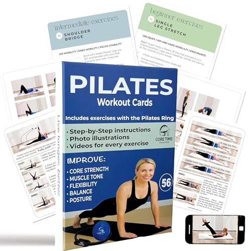 56 Pilates Cards- Use with Magic Circle - 40 Exercises Pilates Workout Cards with the Ring and Ball - Detailed Photos and Video Instructions - Equipment Optional. (56 Pilates Cards with Equipment)