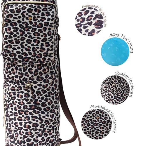 ESVAN Yoga Mat Bag with Multi Pockets Drawstring Yoga Mat Carrier Pilates Exercise Multi-Functional Storage Bag - color: Canvas Leopard Print