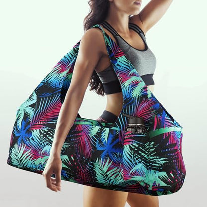 Large Yoga Mat Bag Yoga Bags and Carriers Fits All You Stuff Yoga Tote Bag with Yoga Mat Strap, Elastic Pockets and Zipper Pockets - color: black cyan