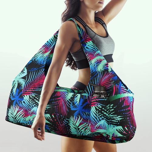 Large Yoga Mat Bag Yoga Bags and Carriers Fits All You Stuff Yoga Tote Bag with Yoga Mat Strap, Elastic Pockets and Zipper Pockets - color: black cyan