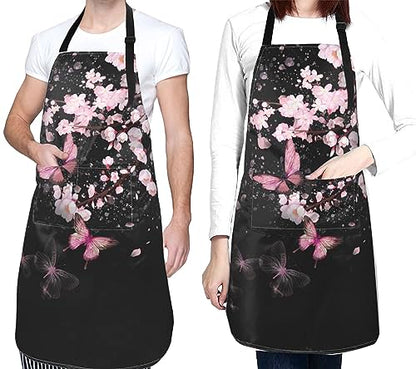 Art Apron with Pocket for Women Men | Kitchen Aprons Chef Apron for Cooking Baking BBQ Painting Gardening - color: Cherry Blossom With Butterflies