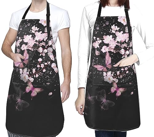 Art Apron with Pocket for Women Men | Kitchen Aprons Chef Apron for Cooking Baking BBQ Painting Gardening - color: Cherry Blossom With Butterflies