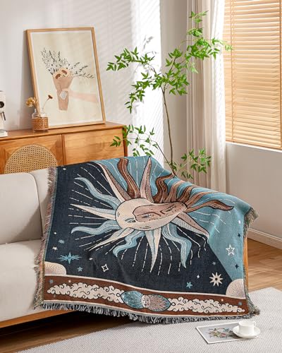 Erke 의자 리클라이너 커버 보헤미안 담요 히피 방 장식 벽걸이 태피스트리 야외 피크닉 캠핑 러그 매트리스 비치 타월 소파 가구 슬립 커버 보헤미안 127cm x 177.8cm(50 x 70인치) 태양과 달 별 - color: 태양과 달