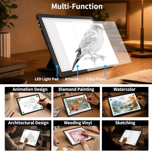 LEACUBER Rechargeable A4 Light Pad with Stand & Bag, Super Bright Magnetic Tracing Light Box with Side Buttons, Diamond Art Light Board for Diamond Painting, LED Light Table for Sketching, Drawing - size: A4 with Carry Bag