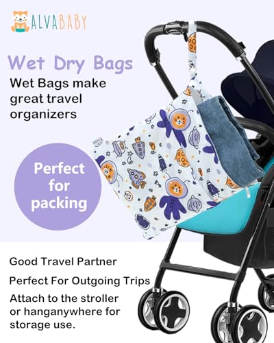 ALVA ALVABABY 2pcs Waterproof Wet Dry Bags,Reusable with Two Zippered Pockets,Baby Cloth Diaper,Travel,Beach,Pool,Daycare,Soiled Baby Items,Yoga Gym Bag,Swimsuits or Wet Clothes 2LW03 - color: Rockets and alien tigers