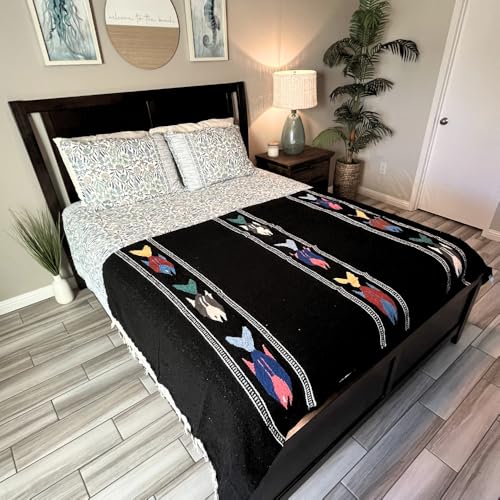 Open Road Goods Thick Mexican Yoga Blanket - Serape Fish Design - Handmade (Black) - color: Black
