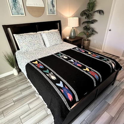 Open Road Goods Thick Mexican Yoga Blanket - Serape Fish Design - Handmade (Black) - color: Black