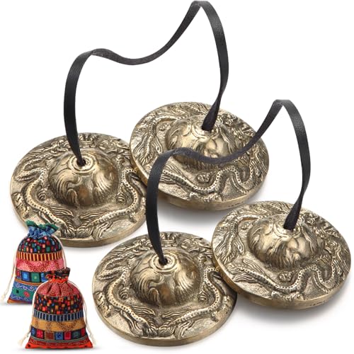 Foilswirl 2 Pcs Tibetan Tingsha Cymbals with 2 Pcs Tibetan Drawstring Cloth Bags Meditation Chime Bells 2.56 Inch Handcrafted Meditation Accessory (2 Dragons with Bell Embossed,Red,Green) - color: Red,Green, style: 2 Dragons with Bell Embossed