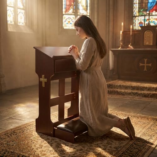 Wooden Prayer Kneeler Bench, Foldable Prayer Stool with Storage Drawer | Thick Padded Kneeling Cushion, Rounded Book Rest & Cross Accent, Catholic Prayer Bench for Home Altar, Church and Meditation
