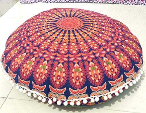 ICC 24" Orange Peacock Mandala Barmeri Large Floor Pillow Cover Cushion Meditation Seating Ottoman Throw Cover Hippie Decorative Zipped Bohemian Pouf Ottoman Pom Pom Cases 24" Round - color: Orange, style: 24 Inch Round